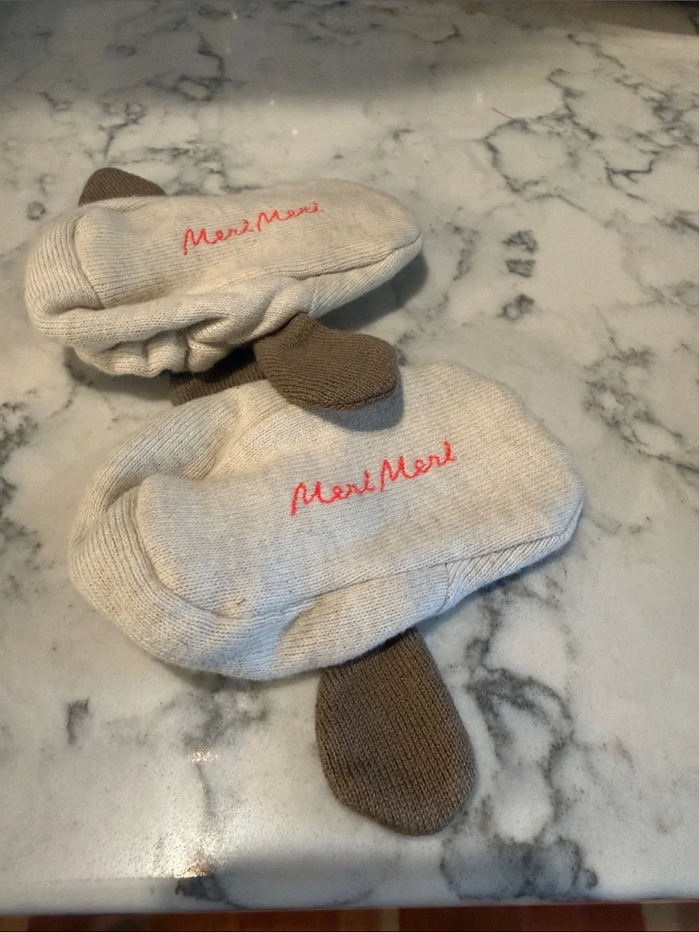Meri Meri Cream Dog Face Booties with Blue Lining and Brown Ears